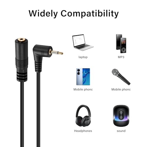 Right Angle 2.5mm Audio Aux Cable,90 Degree 2.5mm Male to Female TS Mono Audio Extension Cable for Smartphone,Headphone,Mp3 Player（0.3M）
