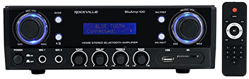 Rockville BLUAMP 100 Home Stereo Bluetooth Amplifier with USB/Mic Input | RCA Output, 500W Peak / 120W RMS, 2-Channel, Karaoke with Echo, SD Playback, Remote, FM Radio, Class A/B, LCD Display