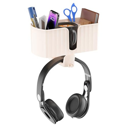 4 in 1 Desk Cup Holder with Storage Tray and Headphone Hanger | Clamp on design, rotating headphone hanger, detachable storage tray, cable holes, fits 5-50mm desks