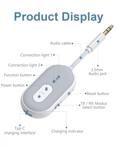 Bluetooth 5.3 Transmitter Receiver for Car, 2-in-1 Wireless Audio Adapter with 3.5mm AUX, Low Latency, Supports Dual Pairing for AirPods/Headphones, 18+ Hours Battery for Home Stereo, TV, Airplane