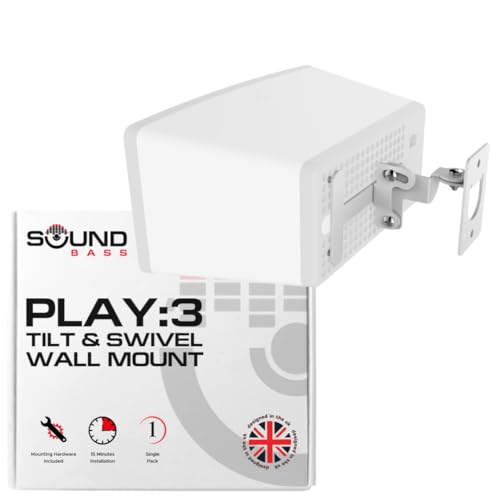 Sound Bass Play 3 Wall Mount White, Single (1pc) Adjustable Tilt & Swivel | Compatible with Sonos Play:3 Only, Adjustable Swivel & Tilt Mechanism, Includes All Mounting Fixings - color: White