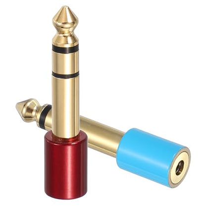 MECCANIXITY 2Pcs TRS 6.35mm Male to 3.5mm Female 1/4" Plug to 1/8" Blue/Red | Stereo Headphone Adapter, Jack, Audio Converter, Pure Copper, Gold Plated, for Guitars Speakers Computers - color: Blue/Red