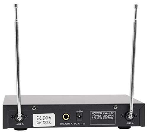Rockville RWM1202VH VHF Wireless Dual Handheld Microphone System, 2 Channel | Metal Receiver, 1/4" Audio Output, Cardioid, 200 ft Indoor Range, Auto-Link, Includes 2 Mics/Batteries/Adapter