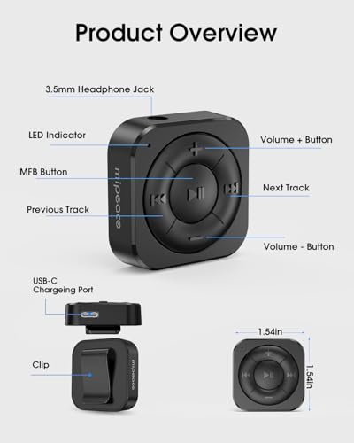 MIPEACE Headphone Bluetooth Adapter for Wired Headphones, Black | Receiver only, not transmitter, Bluetooth 5.3, built-in mic, clip-on, USB-C pass-through charging, 10+ hr playtime
