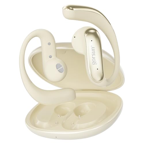 Open Ear Bluetooth Headphones Wireless, Touch Control Earphones Lightweight Design, Bluetooth 6.0, 20H Playtime,Built-in Mic,Ear Hooks Ear Buds Design, Wireless Bluetooth Headset for Work - color: Beige
