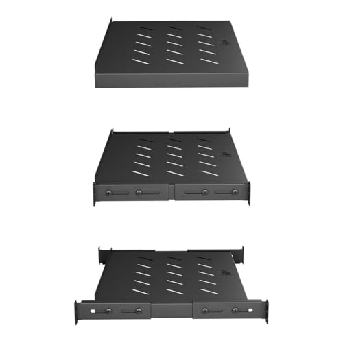 Vented 4-Post Shelf, Adjustable, Black, 300 mm Depth, 1U, 242 lbs, Cold Rolled Steel - size: 12" Deep