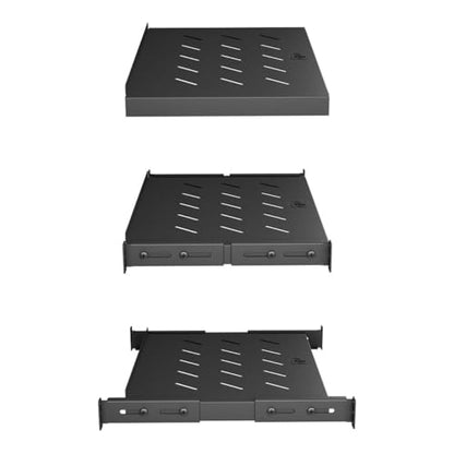 Vented 4-Post Shelf, Adjustable, Black, 300 mm Depth, 1U, 242 lbs, Cold Rolled Steel - size: 12" Deep