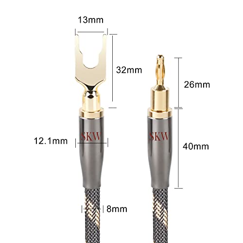 SKW HI-FI Speaker BiWire Jumpers Banana to Spade, Set of 2 (2 Cables) | 14AWG, Ultra-high Purity Copper, convertible plugs, dual-shielded, braided jacket, bi-wire speaker binding post bridge