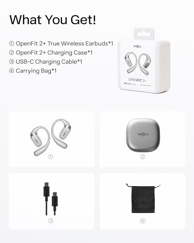 SHOKZ OpenFit 2+ Open-Ear Earbuds, Grey, Dolby Audio,Wireless Charging | Soft Ear Hooks； IP55 Water-Resistant; USB-C Fast Charging；48H Playtime; Gym/outdoor/home use - color: Grey, style: Dolby Audio / USB-C&Wireless