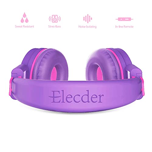 ELECDER i37 Kids Headphones for School Children Girls Boys Teens, Purple | Foldable Adjustable Lightweight, 3.5mm Audio Jack On Ear Headphones for Smartphones Chromebook Computer PC Tablets Travel - color: Purple/Red