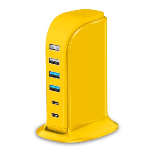 45W USB Charging Station, 6-Port Hub with 4 USB-A & 2 USB-C Ports, 5ft Cable, Yellow - color: yellow usb c charger block