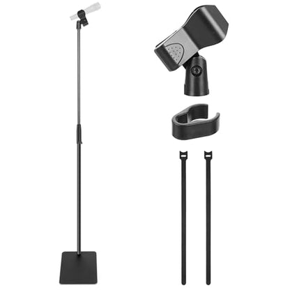Pyle Square Base Microphone Stand with Mic Clip - Heavy Duty, Height Adjustable, 36.2" to 63.38'', Solid Die-Cast Base, Studio & Concert Use, Universal 5/8'' Adapter, Cable Clip Included - style: Glossy black finish