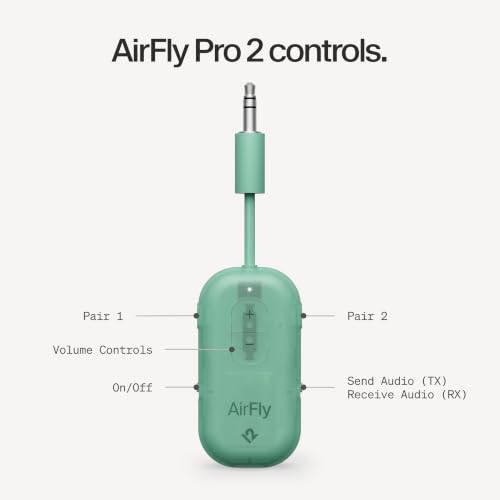 Twelve South AirFly Pro 2, Bluetooth Adapter, Pair 2 AirPods, Mint Ice | Pair 2 AirPods or Wireless Headphones – 3.5mm AUX Bluetooth Transmitter and Receiver for Cars, Boats, Treadmills, TVs & More - color: Mint Ice, style: AirFly Pro 2