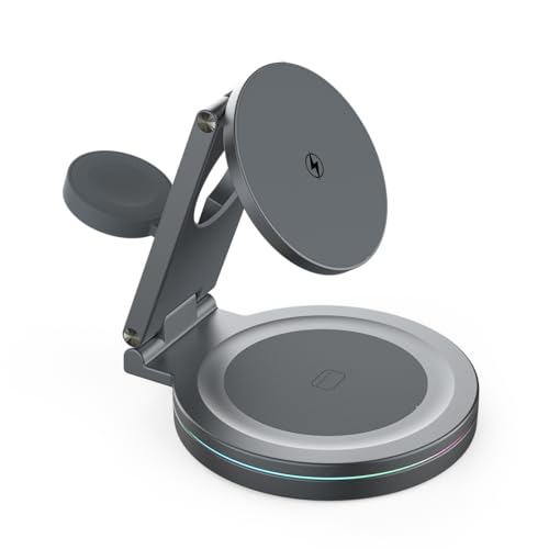 Foldable 360º Rotatable Zinc Alloy 3-in-1 Magnetic Wireless Charger,3 in 1 Charging Station,Charging Stand,15W for iPhone 12-17,5W for Apple Watches, AirPods (Adapter Included) (Gray) - color: gray