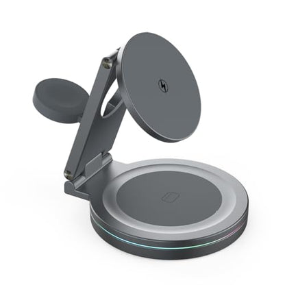 Foldable 360º Rotatable Zinc Alloy 3-in-1 Magnetic Wireless Charger,3 in 1 Charging Station,Charging Stand,15W for iPhone 12-17,5W for Apple Watches, AirPods (Adapter Included) (Gray) - color: gray