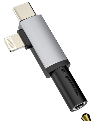 Aux to USB C Lightning for iPhone 17 16 15 14 13 Pro Max (2in1) 3.5mm Headphone Jack Adapter Cable Audio Dongle Female Port Compatible with Samsung for Ipad Male Plug Car Microphone Splitter