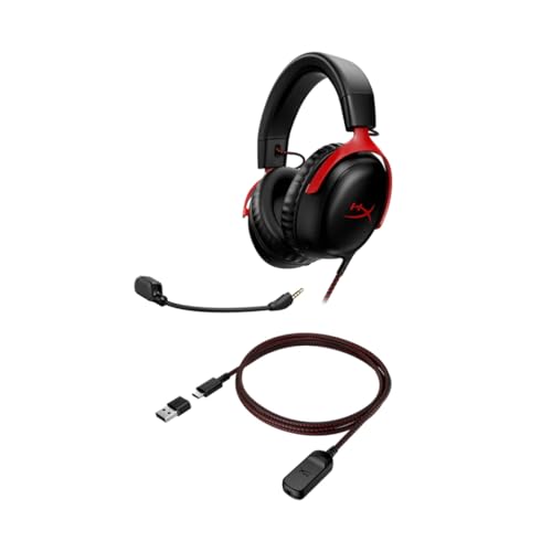 HyperX Cloud III – Wired Gaming Headset,PC,PS5,Xbox Series X|S,Angled 53mm Drivers,DTS Spatial Audio,Memory Foam,Durable Frame,Ultra-Clear 10mm Mic,USB-C,USB-A,3.5mm – Black/Red,(Pack of 10) - color: Black/Red, size: Regular (Pack of 10), style: Wired