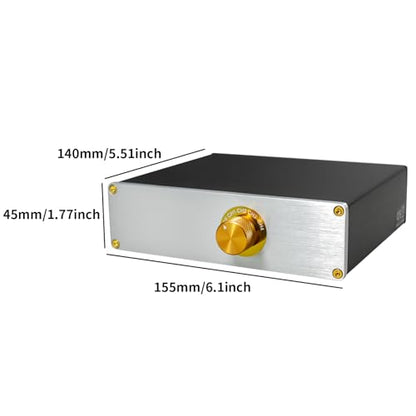 Hi-Fi Passive RCA Stereo Audio Switch Box 4 in 2 Out with Gold Jacks | Connect 4 devices IN to 2 OUT. Gold-plated jacks for pure sound. Solid aluminum case, no power supply. Perfect for Hi-Fi.