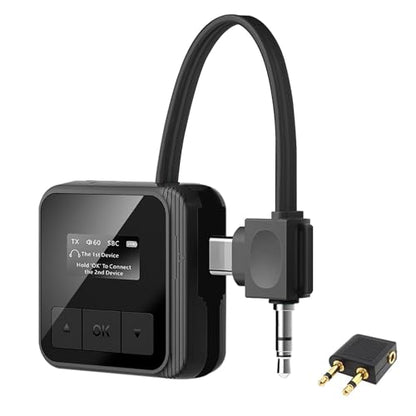 Bluetooth 5.3 Transmitter Receiver for TV to 2 Wireless Headphones Dual Link 2-in-1 Wireless Bluetooth Audio Adapter with 3.5mm Aux/USB C for Airplane Gym Car/Home Stereo System