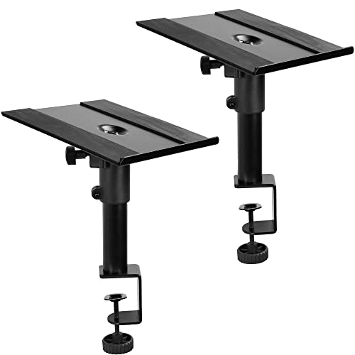 VIVO Clamp-on Speaker Stand Desk Mount Set, 10 x 9 inch Trays, Height Adjustment and Tilt, Universal Audio Holders for Computer and Bookshelf Speakers, Elevated Sound, 2 Pack, Black, MOUNT-SP01CB - color: Black