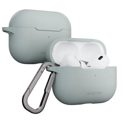 MAGEASY Skin AirPods Pro 2 & Pro 1 Case with Carabiner Clip, TPU Shockproof Protective Cover for 1st & 2nd Generation, Secure Lid Stain-Resistant, Wireless Charging Compatible (Mirage Grey) - color: Mirage Gray, size: AirPods Pro 2 & AirPods Pro 1