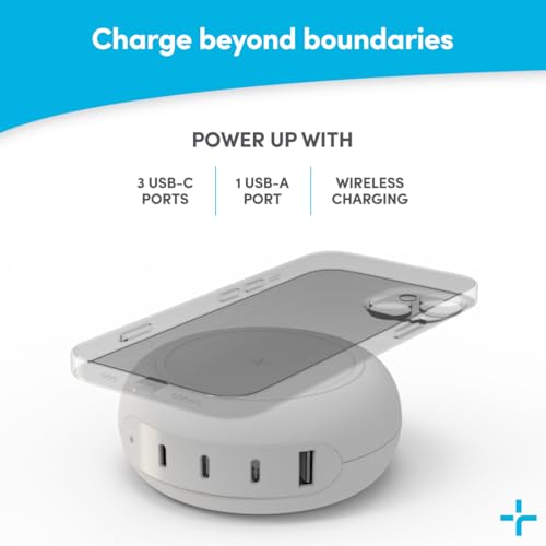 TYLT Hub 100W Multi-Port Power Charging Station, Compact Wireless Fast Charger with 3 USB-C Ports and 1 USB-A Port for MacBook, iPhone, iPad, and Qi Compatible Devices, White