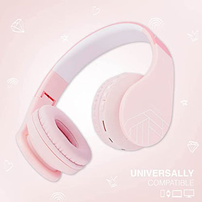 PowerLocus Bluetooth Headphones for Kids, Wireless Foldable Headphones Over Ear, Headphone with Microphone, 85DB Volume Limit, Wireless and Wired Headset with Micro SD, FM for Cellphones, Tablets, PC - color: Pink