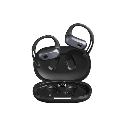 Open Ear Headphones,Silicone Ear Hanger,360-Degree Panoramic Sound,Air Conduction, LED Display,IPX7 Waterproof, Wireless Earbuds for Meeting, Driving,Traveling (Black)