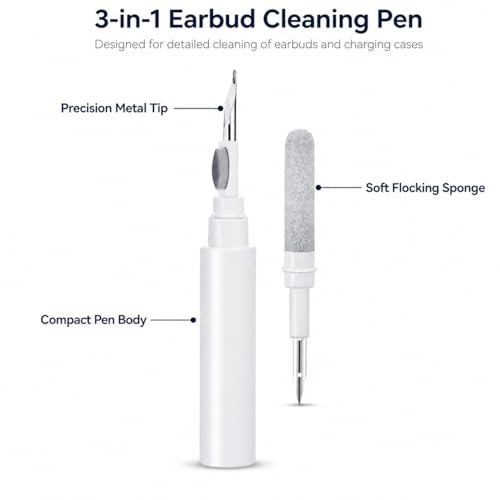 White Multi-Functional Earbud Cleaning Pen Kit, Wireless Earphone Cleaner Tool with Storage Case, Fluff Brush & Metal Pick for Bluetooth Earbuds Charging Case, Phone Port Camera Lens Cleaning Tool - color: White