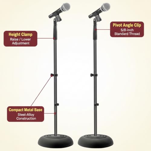 Pyle Universal Microphone Stand - Handheld Mic Compatible, Heavy Compact Base, Lightweight & Compact Design, 2.8 to 5 Ft Height Adjustable Clamp, Pivot Angle Clip, Home/Studio Use (Pair) - size: 2 Count ( Pack of 1)