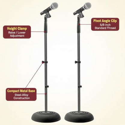 Pyle Universal Microphone Stand - Handheld Mic Compatible, Heavy Compact Base, Lightweight & Compact Design, 2.8 to 5 Ft Height Adjustable Clamp, Pivot Angle Clip, Home/Studio Use (Pair) - size: 2 Count ( Pack of 1)