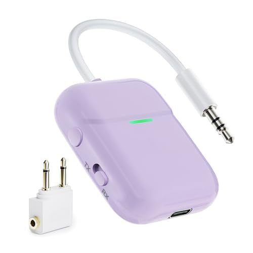 Nulaxy Air in-Flight Bluetooth Wireless Audio Transmitter Receiver for up to 2 AirPods Wireless Headphones, Bluetooth Adapter for All 3.5mm Aux Jacks on Airplanes, Purple