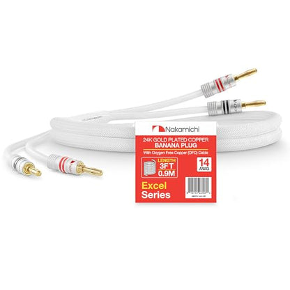 Nakamichi 24k Gold Plated Banana Plugs with 14 AWG Speaker Cable 99.9% OFC | Oxygen-Free Copper, Excel Series, Heavy Duty Braided for Amplifier Receiver Hi-Fi Stereo Audio Wire - White (3 feet / 0.9m) - color: White (14 AWG), size: 3-Feet (0.9m)