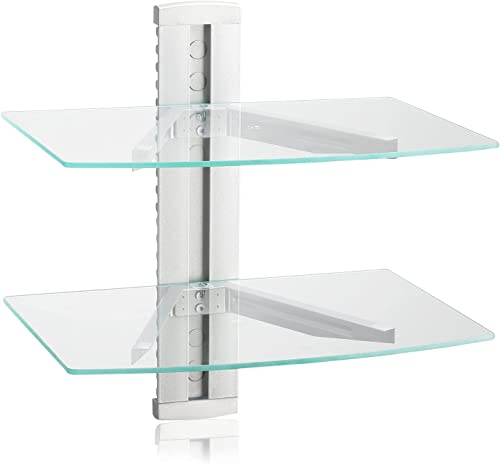 suptek 2 Tiers Glass Floating Shelves, Flat Black Wall Mount Bracket, AV Shelf, Media Shelf for DVD Player / PS4 / Cable Boxes/Game Consoles/Sky Box/TV Accessories, 17.6kg Load Capacity - color: Silver 2 Tiers