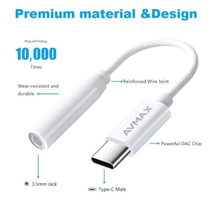 AVMAX USB C to 3.5mm Audio Headphone Adapter HiFi,Type c to Aux Female Cable for 16 15 Plus, S24 S23 S22 S21 S20 and More Type c Devices (Classic White1) - style: Classic White1
