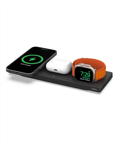 Belkin MagSafe 3 in 1 Wireless Charging Pad, Fast Charging Station | Apple Watch, iPhone 17/16/15/14 Series, AirPods compatible, multi-device MagSafe charging station, Magnetic - color: Black, style: New