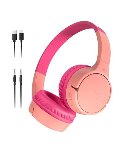 Belkin SoundForm Mini Bluetooth Kids Headphones, On Ear, 30H Battery Life | Toddler headphones, 85dB Volume Limit, Built-in Mic, Wired Connection Option, iPad, Android Tablet, School, Travel - color: Pink, style: Wireless (USB-C)