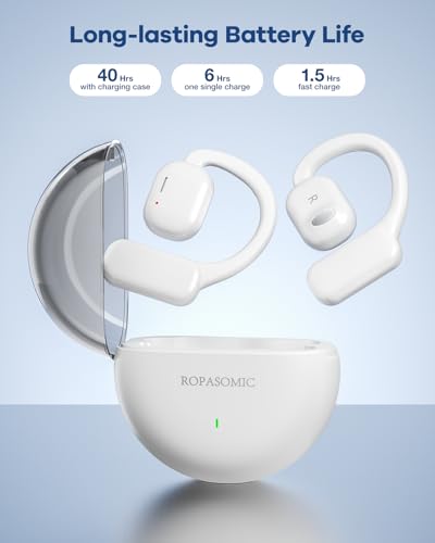 Open Ear Headphones Wireless Earbuds with Earhooks, 40Hrs Playtime Bluetooth 5.3 Touch Control Sport Headsets IPX6 Sweatproof Earphones for Running Cycling Workout (White)