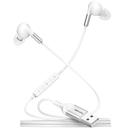 DUKABEL USB in-Ear Headphones, USB PC Earbuds for PC/PS4/PS5, White Gaming Earphone Headset with Microphone for Live Conference, Video Calls, Broadcasting, On-line Work | USB Gaming Earbuds with Mic, Noise canceling, in-ear Headphone, Volume Control, for