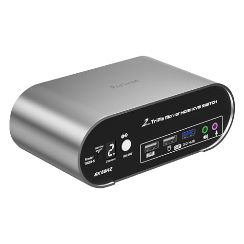 2 Computers 3 HDMI Monitors KVM Switch 8K@60Hz Triple Monitors, Wired Remote and Hotkey Switching, EDID, Audio and Microphone, Aluminum Alloy Shell,Digital Display, HDR10 with Cables - style: 2 PCs 3 HDMI Monitors 8K60