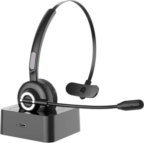 Trucker Bluetooth Headset V5.0, Wireless Call Center Business Headphone with CVC Mic, 18H Talktime Multipoint Charging Dock, for Customer Service, VoIP, Phones, PC