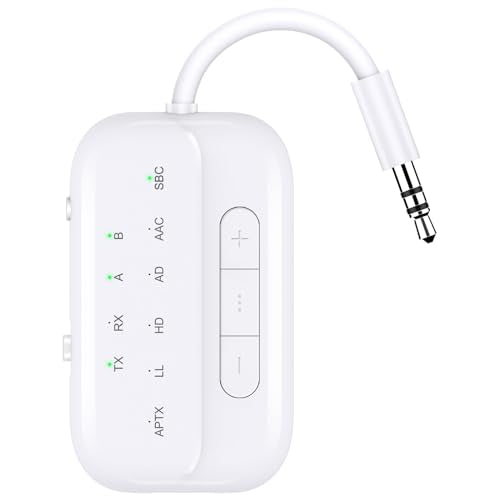 Bluetooth Transmitter Receiver, 2-in-1 V5.3 Wireless Adapter for Airplane, TV, PC, Gym, Switch. Supports up to 2 AirPods/Headphones. Audio Receiver for Car/Home Stereo,with AptX Low Latency & HD - color: White