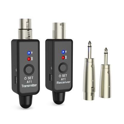 A11 Wireless XLR Microphone System 2.4GHz Transmitter and Receiver | 100ft/30m Range, 24-bit/48kHz, Low Latency, Rechargeable, for Dynamic Microphone, Audio Mixer, PA System (A11(1TX+1RX))