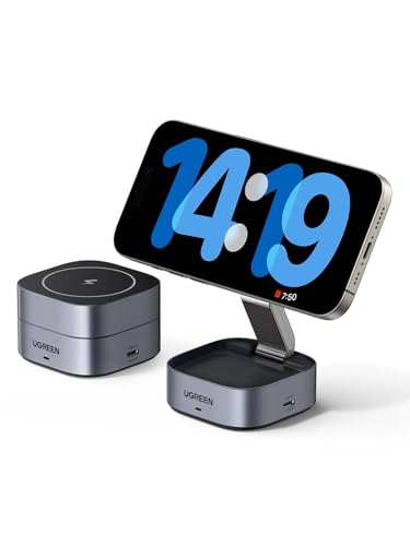 UGREEN MagFlow 2-in-1 Foldable Magnetic Wireless Charging Station | Adjustable Angle, Pocket-size Travel Design, for iPhone 17-12 Series and AirPods, USB C Cable Include