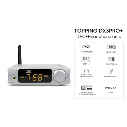 Topping DX3pro+ LDAC Headphone Amplifier | ES9038Q2M XU208 NFCA DAC Audio Decoder USB/Optical/Coaxial/Bluetooth Pre Amplifiers DX3 PRO + Preamp (Silver) - color: Silver