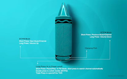 Crayola Kids Crayon Speakers Bluetooth, Portable Bluetooth Speakers | 20W Peak Power HD Sound, Mini Bluetooth Speaker Wireless with TWS Pairing BT 5.3, FM Radio Home/Party/Outdoor/Travel - color: Teal