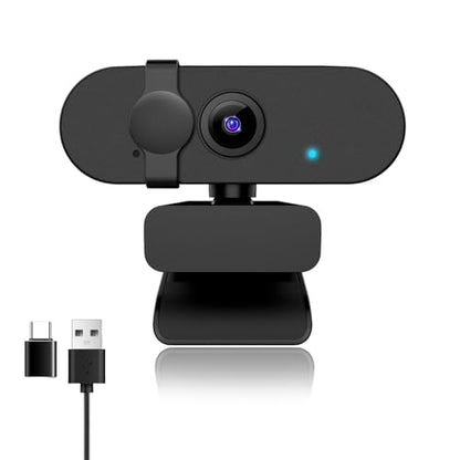 1080P 30FPS Webcam for PC, Auto Light Correction, Fixed Focus | Built-in Mic, Privacy Cover, 90° Wide-Angle Lens, A-to-C Adapter, Plug&Play for Zoom, Microsoft Teams, Video Conferencing