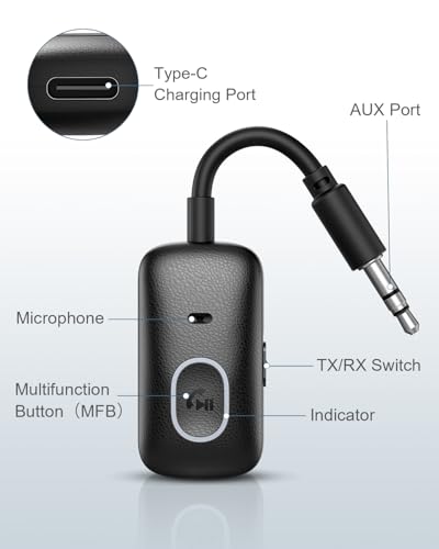 Bluetooth 5.4 Adapter for Car, Upgraded 2-in-1 Aux Transmitter & Receiver with Hands-Free Calls & 180° Swivel Bend, Wireless Audio Adapter for PC, TV, Speakers, Airplane Travel