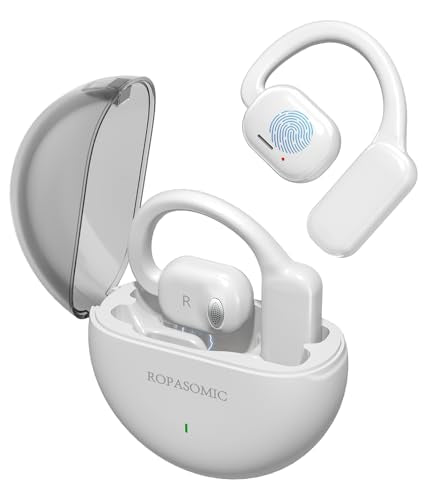 Open Ear Headphones Wireless Earbuds with Earhooks, 40Hrs Playtime Bluetooth 5.3 Touch Control Sport Headsets IPX6 Sweatproof Earphones for Running Cycling Workout (White)