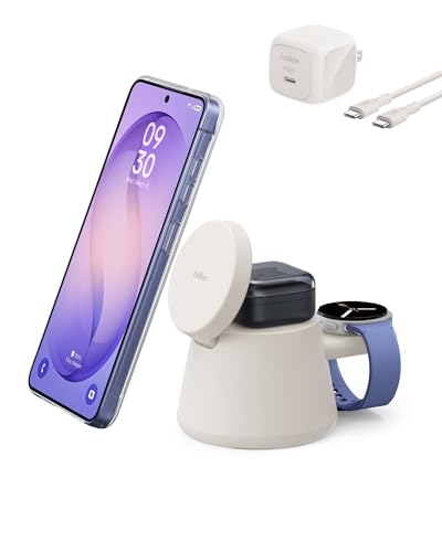 Belkin Qi2.2 25W Magnetic Wireless Charging Station, 3 in 1 Samsung Charger | Fast Charging, MagSafe Compatible, Samsung Galaxy S26, Android Charger, Pixel 10, iPhone 17/16/15, Apple Watch, AirPods - color: Sand
